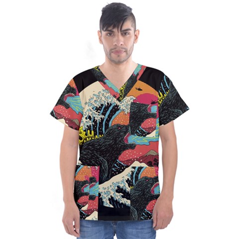 Retro Wave Kaiju Godzilla Japanese Pop Art Style Men s V-neck Scrub Top by Modalart