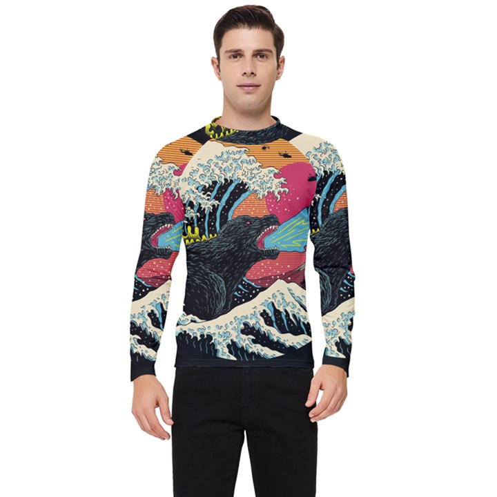 Retro Wave Kaiju Godzilla Japanese Pop Art Style Men s Long Sleeve Rash Guard