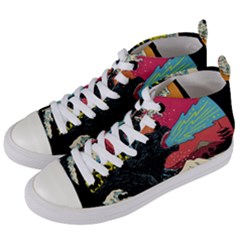 Retro Wave Kaiju Godzilla Japanese Pop Art Style Women s Mid-top Canvas Sneakers by Modalart