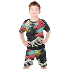 Retro Wave Kaiju Godzilla Japanese Pop Art Style Kids  T-shirt And Shorts Set by Modalart