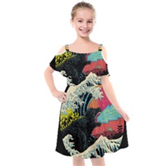 Retro Wave Kaiju Godzilla Japanese Pop Art Style Kids  Cut Out Shoulders Chiffon Dress by Modalart