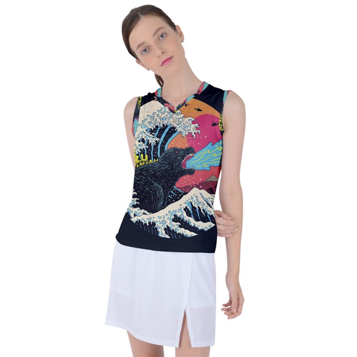 Retro Wave Kaiju Godzilla Japanese Pop Art Style Women s Sleeveless Sports Top