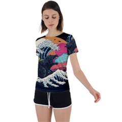 Retro Wave Kaiju Godzilla Japanese Pop Art Style Back Circle Cutout Sports T-shirt by Modalart