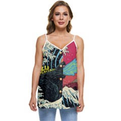 Retro Wave Kaiju Godzilla Japanese Pop Art Style Casual Spaghetti Strap Chiffon Top by Modalart