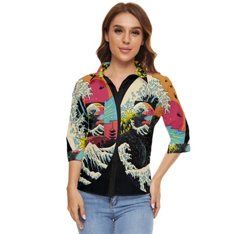 Retro Wave Kaiju Godzilla Japanese Pop Art Style Women s Quarter Sleeve Pocket Shirt by Modalart