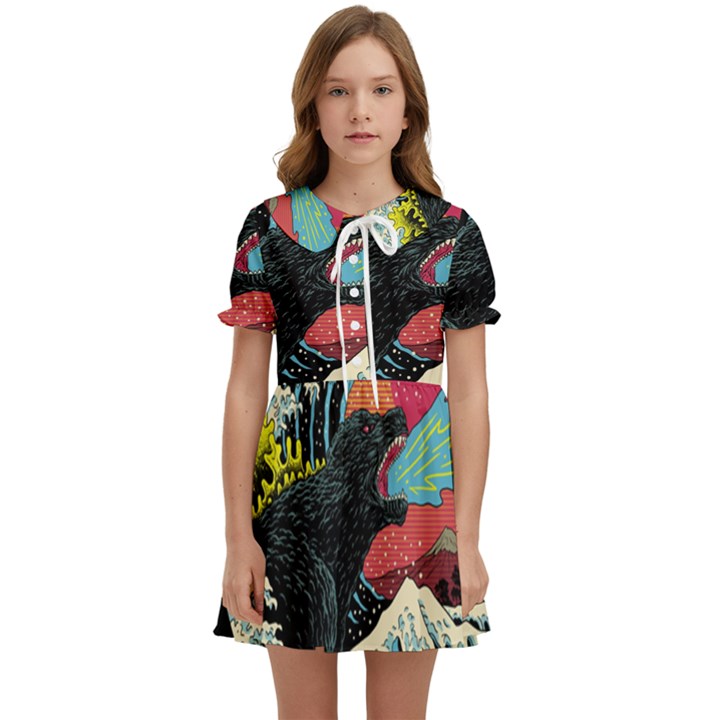 Retro Wave Kaiju Godzilla Japanese Pop Art Style Kids  Sweet Collar Dress