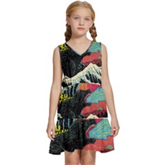 Retro Wave Kaiju Godzilla Japanese Pop Art Style Kids  Sleeveless Tiered Mini Dress by Modalart