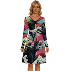 Retro Wave Kaiju Godzilla Japanese Pop Art Style Long Sleeve Dress With Pocket by Modalart