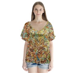 Art Modern Painting Acrylic Canvas V-neck Flutter Sleeve Top by Amaryn4rt