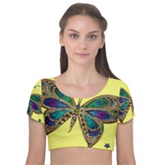 Butterfly Mosaic Yellow Colorful Velvet Short Sleeve Crop Top  by Amaryn4rt