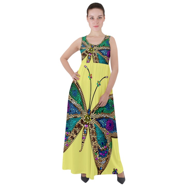 Butterfly Mosaic Yellow Colorful Empire Waist Velour Maxi Dress