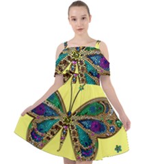 Butterfly Mosaic Yellow Colorful Cut Out Shoulders Chiffon Dress