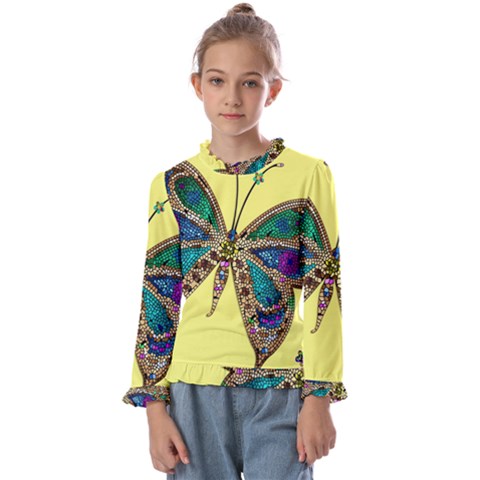 Butterfly Mosaic Yellow Colorful Kids  Frill Detail T-shirt by Amaryn4rt