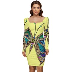 Butterfly Mosaic Yellow Colorful Women Long Sleeve Ruched Stretch Jersey Dress by Amaryn4rt