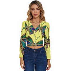 Butterfly Mosaic Yellow Colorful Long Sleeve V-neck Top by Amaryn4rt