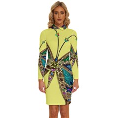 Butterfly Mosaic Yellow Colorful Long Sleeve Shirt Collar Bodycon Dress by Amaryn4rt