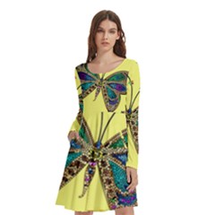 Butterfly Mosaic Yellow Colorful Long Sleeve Knee Length Skater Dress With Pockets by Amaryn4rt