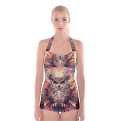 Drawing Olw Bird Boyleg Halter Swimsuit  by Ravend