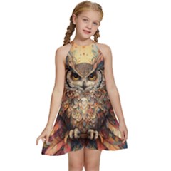 Drawing Olw Bird Kids  Halter Collar Waist Tie Chiffon Dress by Ravend