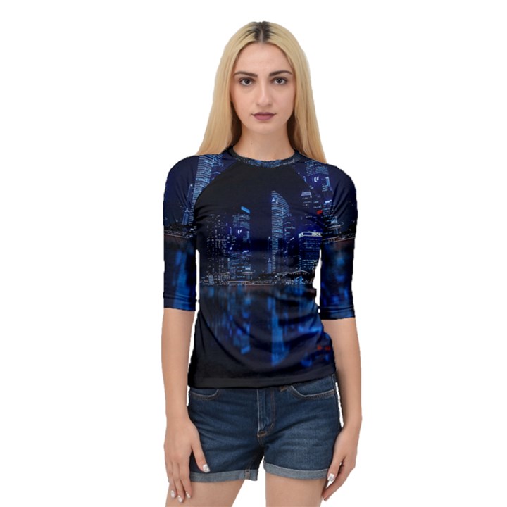 Illuminated Cityscape Against Blue Sky At Night Quarter Sleeve Raglan T-Shirt