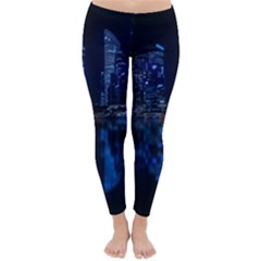 Illuminated Cityscape Against Blue Sky At Night Classic Winter Leggings by Modalart