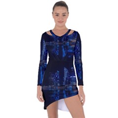 Illuminated Cityscape Against Blue Sky At Night Asymmetric Cut-out Shift Dress by Modalart