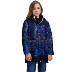 Illuminated Cityscape Against Blue Sky At Night Kids  Hooded Longline Puffer Jacket by Modalart