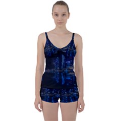 Illuminated Cityscape Against Blue Sky At Night Tie Front Two Piece Tankini by Modalart