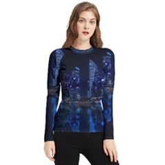 Illuminated Cityscape Against Blue Sky At Night Women s Long Sleeve Rash Guard by Modalart