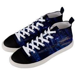 Illuminated Cityscape Against Blue Sky At Night Men s Mid-top Canvas Sneakers by Modalart