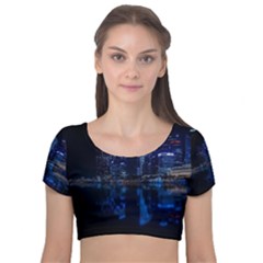 Illuminated Cityscape Against Blue Sky At Night Velvet Short Sleeve Crop Top  by Modalart