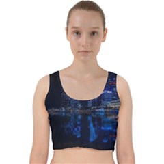 Illuminated Cityscape Against Blue Sky At Night Velvet Racer Back Crop Top by Modalart