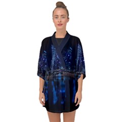 Illuminated Cityscape Against Blue Sky At Night Half Sleeve Chiffon Kimono by Modalart