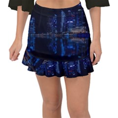 Illuminated Cityscape Against Blue Sky At Night Fishtail Mini Chiffon Skirt by Modalart