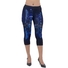 Illuminated Cityscape Against Blue Sky At Night Lightweight Velour Capri Leggings  by Modalart