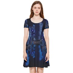 Illuminated Cityscape Against Blue Sky At Night Inside Out Cap Sleeve Dress by Modalart