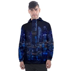 Illuminated Cityscape Against Blue Sky At Night Men s Front Pocket Pullover Windbreaker by Modalart