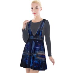 Illuminated Cityscape Against Blue Sky At Night Plunge Pinafore Velour Dress by Modalart