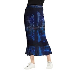 Illuminated Cityscape Against Blue Sky At Night Maxi Fishtail Chiffon Skirt