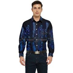 Illuminated Cityscape Against Blue Sky At Night Men s Long Sleeve Pocket Shirt  by Modalart