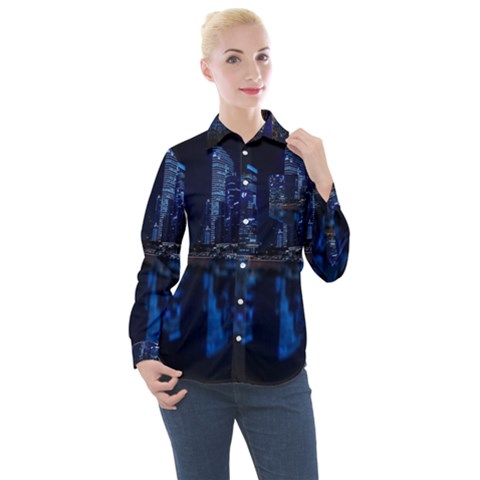 Illuminated Cityscape Against Blue Sky At Night Women s Long Sleeve Pocket Shirt by Modalart