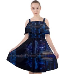 Illuminated Cityscape Against Blue Sky At Night Cut Out Shoulders Chiffon Dress by Modalart