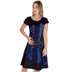 Illuminated Cityscape Against Blue Sky At Night Classic Short Sleeve Dress by Modalart