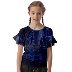 Illuminated Cityscape Against Blue Sky At Night Kids  Cut Out Flutter Sleeves by Modalart