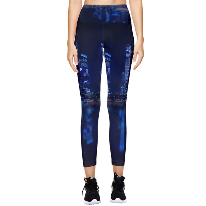 Illuminated Cityscape Against Blue Sky At Night Pocket Leggings 