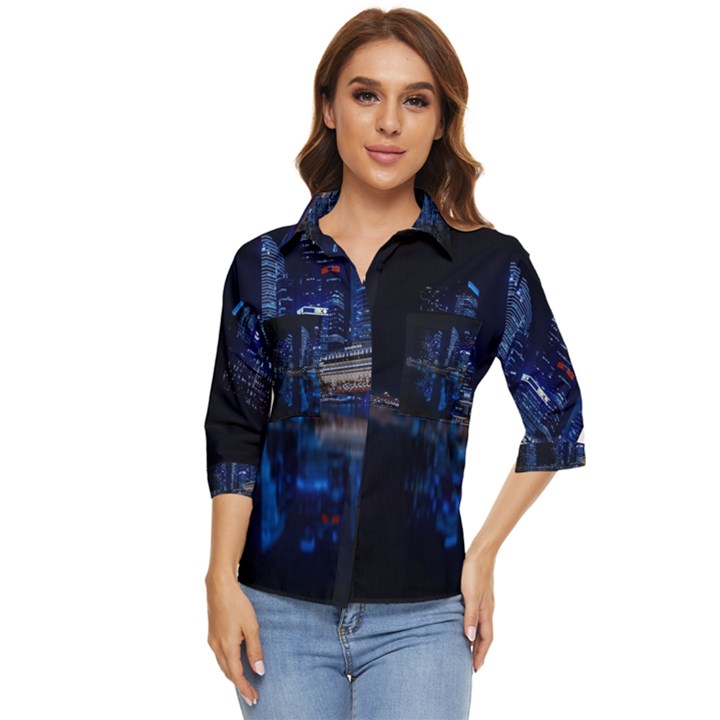 Illuminated Cityscape Against Blue Sky At Night Women s Quarter Sleeve Pocket Shirt