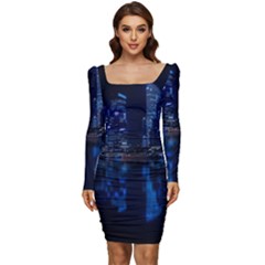 Illuminated Cityscape Against Blue Sky At Night Women Long Sleeve Ruched Stretch Jersey Dress by Modalart