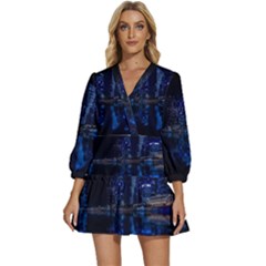 Illuminated Cityscape Against Blue Sky At Night V-neck Placket Mini Dress by Modalart