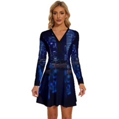 Illuminated Cityscape Against Blue Sky At Night Long Sleeve Deep V Mini Dress  by Modalart