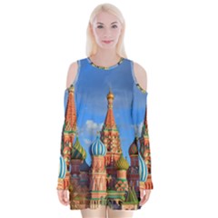 Architecture Building Cathedral Church Velvet Long Sleeve Shoulder Cutout Dress by Modalart